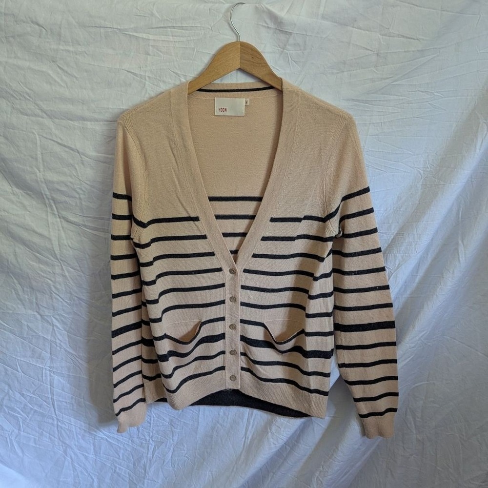 Yoon Cardigan Black & Tan Striped Wool Cashmere Blend V-Neck Sz M Chic Parisian